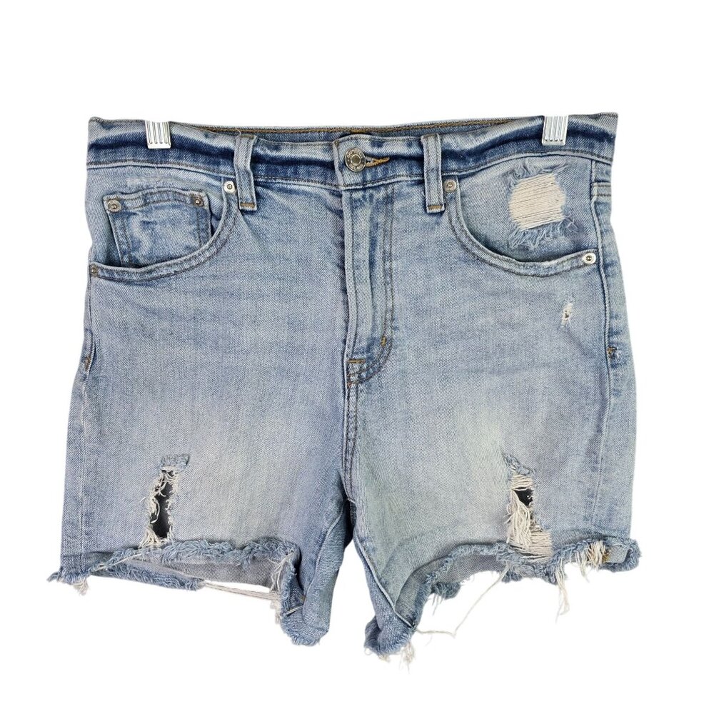 Womens Gap Distressed Blue Denim Shorts Light Wash Raw Hem 5" Inseam Size 28